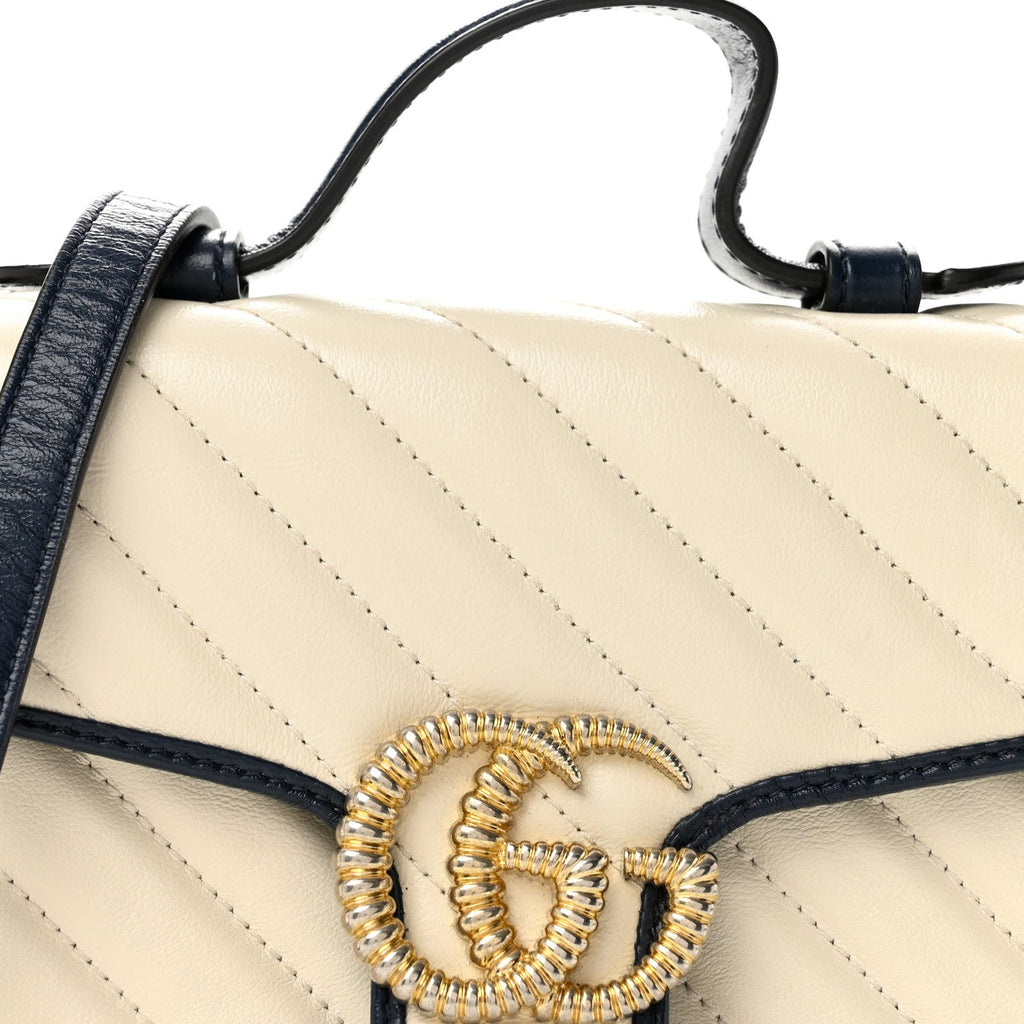 Vintage Effect Calfskin Matelasse Diagonal Mini Torchon GG Marmont Top Handle Shoulder Bag Mystic White Blue Agata