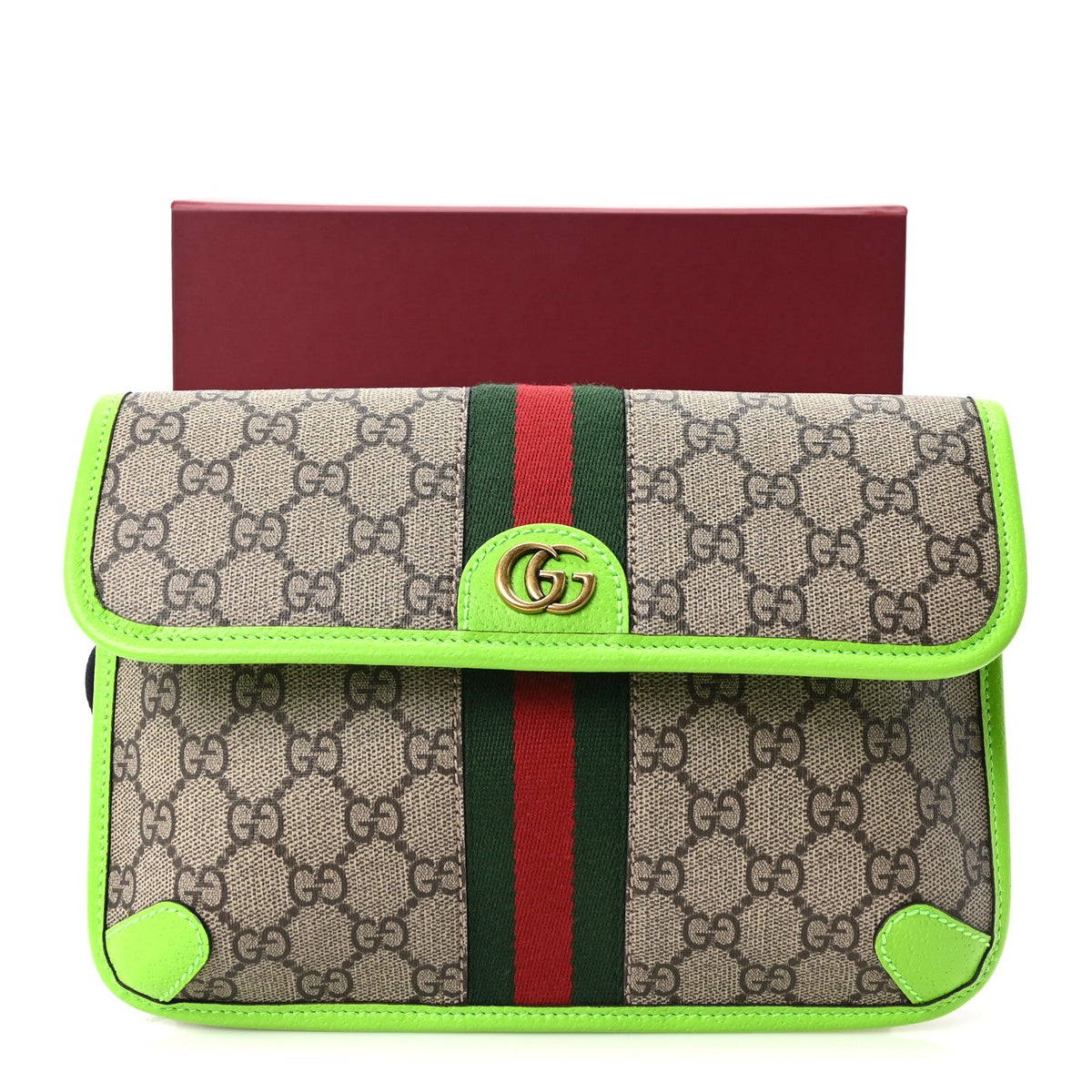 GG Supreme Monogram Web Small Ophidia Belt Bag Beige Ebony Electric Green