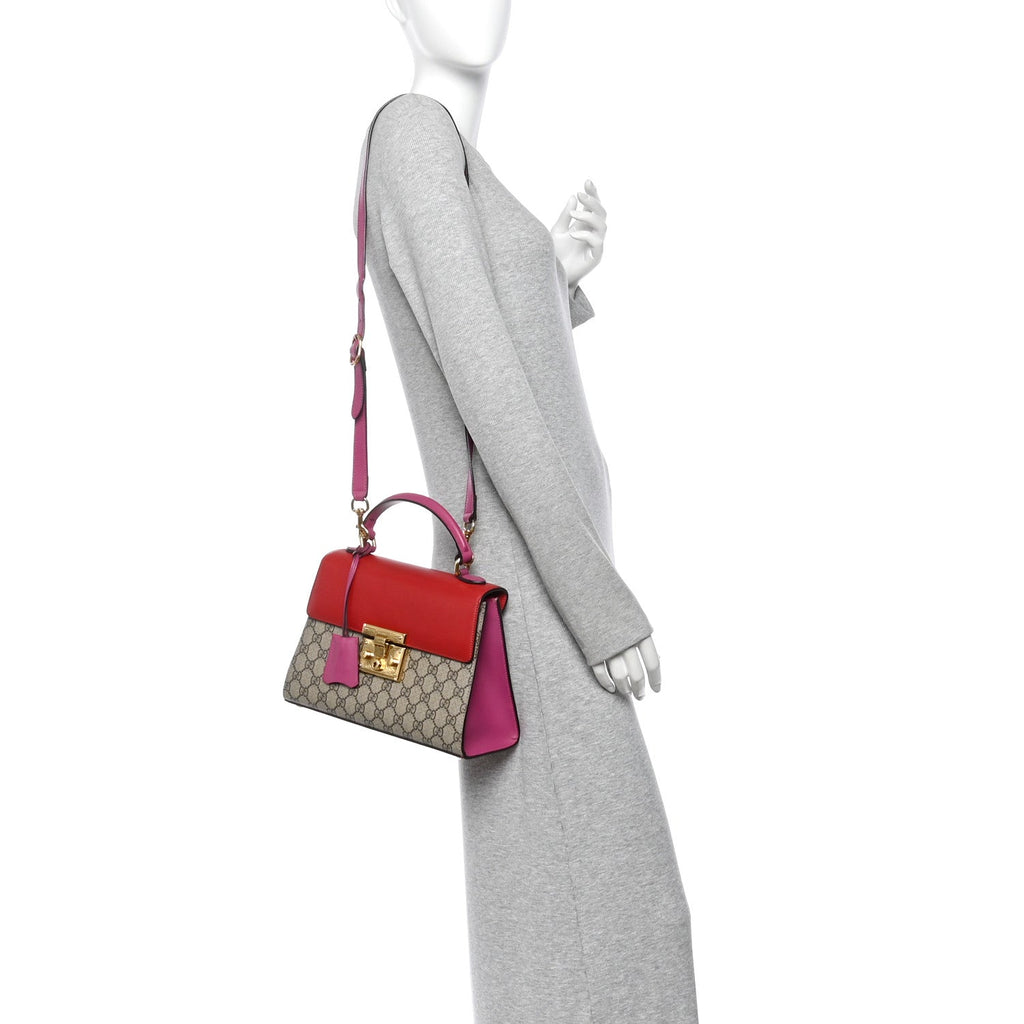 GG Supreme Monogram Calfskin Small Padlock Top Handle Bag Beige Hibiscus Red New Rosette