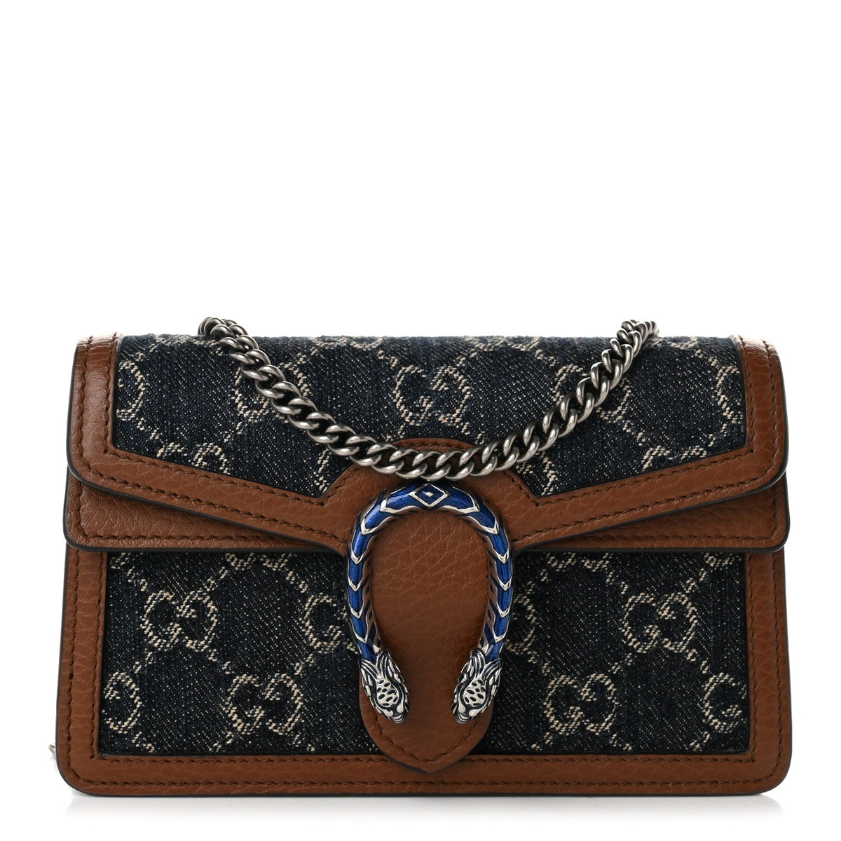 New Denim GG Monogram Dollar Calfskin Enamel Super Mini Dionysus Shoulder Bag Blue Tea Cuir Epilog Electric Blue