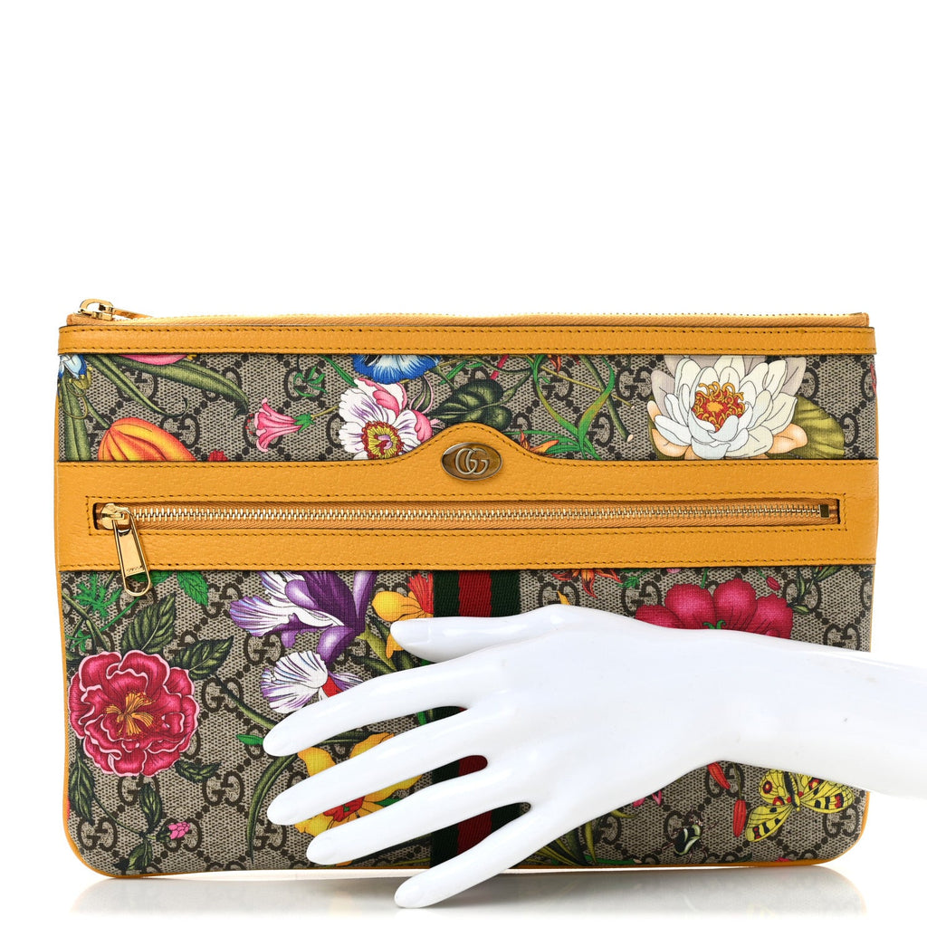 GG Supreme Monogram Flora Large Ophidia Pouch Clutch Beige Multicolor Crop