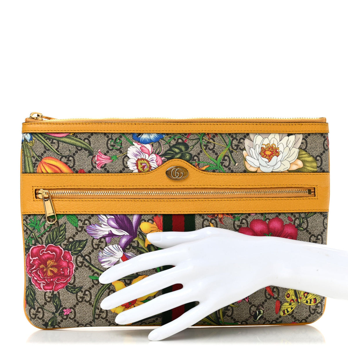 GG Supreme Monogram Flora Large Ophidia Pouch Clutch Beige Multicolor Crop