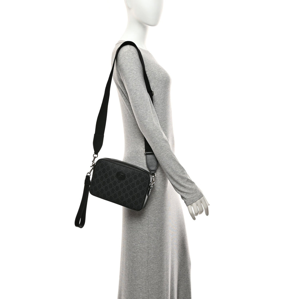 GG Supreme Monogram Azalea Calfskin Retro Interlocking G Wristlet Shoulder Bag Black