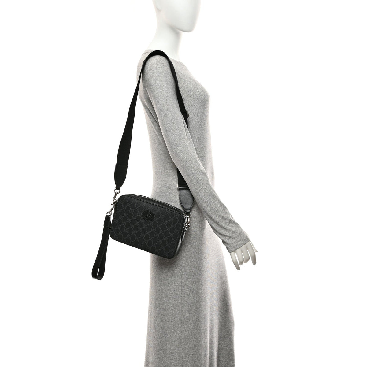 GG Supreme Monogram Azalea Calfskin Retro Interlocking G Wristlet Shoulder Bag Black