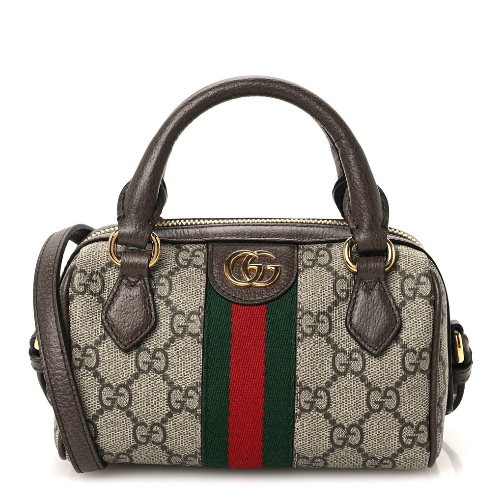 GG Supreme Monogram Textured Dollar Calfskin Web Super Mini Ophidia Top Handle Bowler Bag Beige Ebony New Acero