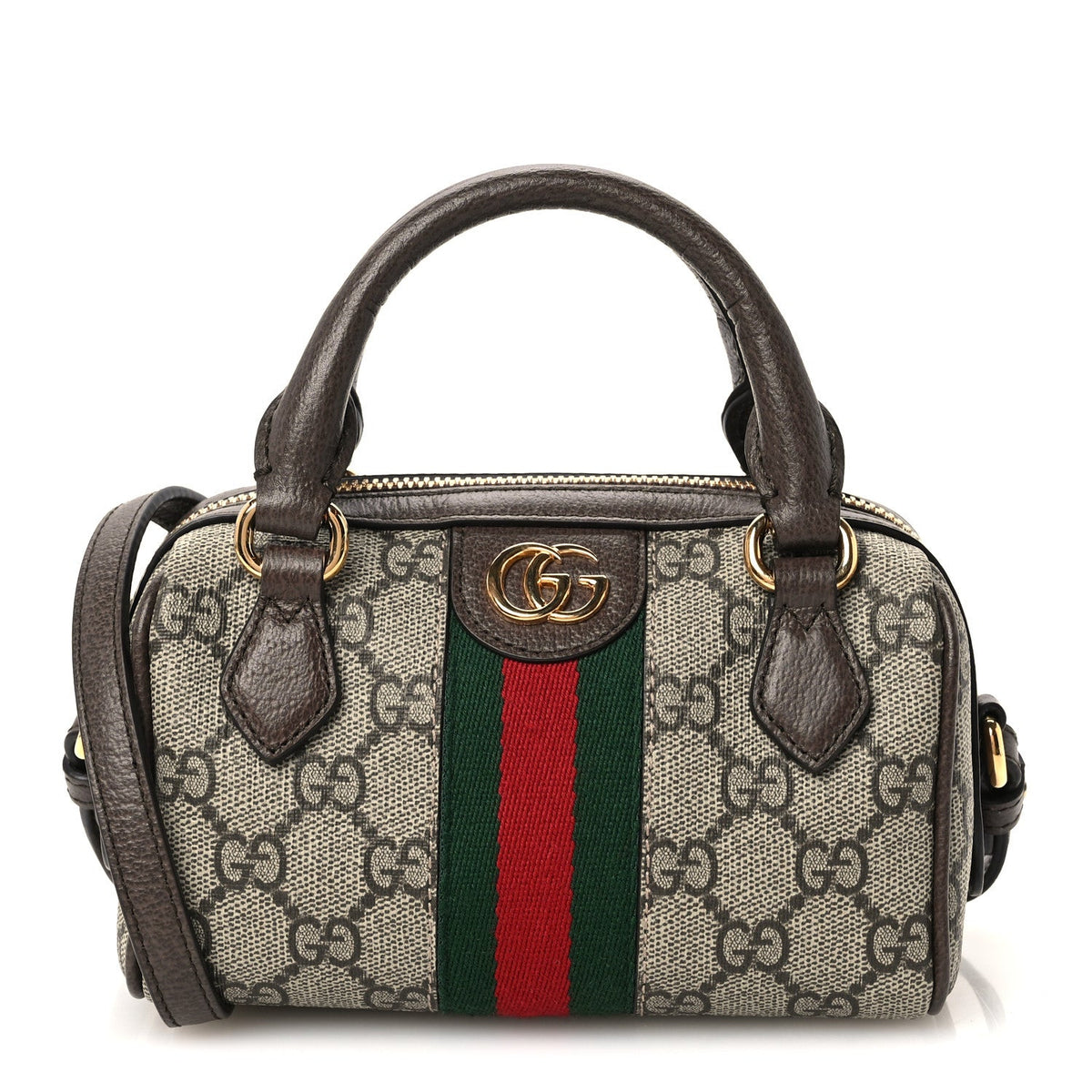 GG Supreme Monogram Textured Dollar Calfskin Web Super Mini Ophidia Top Handle Bowler Bag Beige Ebony New Acero