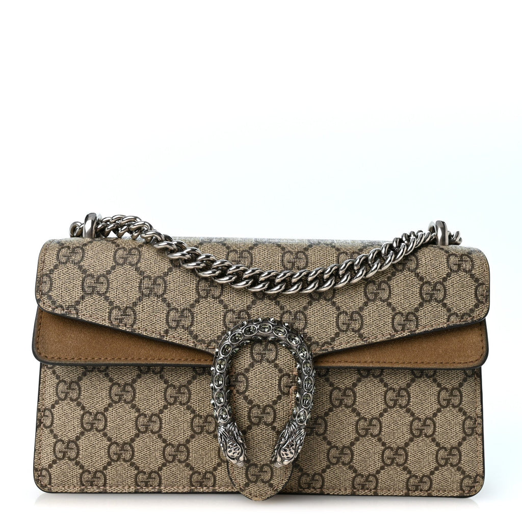 GG Supreme Monogram Suede Crystal Small Dionysus Shoulder Bag Beige Ebony Taupe