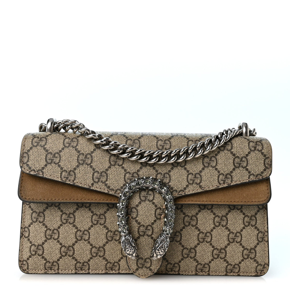GG Supreme Monogram Suede Crystal Small Dionysus Shoulder Bag Beige Ebony Taupe