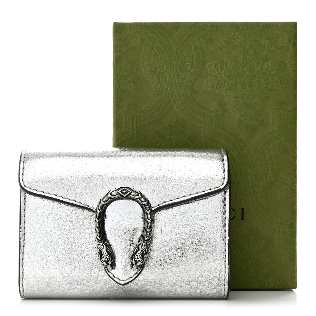 Metallic Calfskin Super Mini Dionysus Wallet with Strap Silver