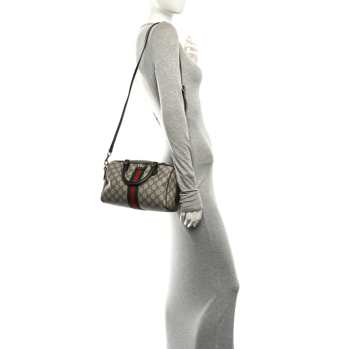 GG Supreme Monogram Web Medium Ophidia Top Handle Bag Beige Dark Brown