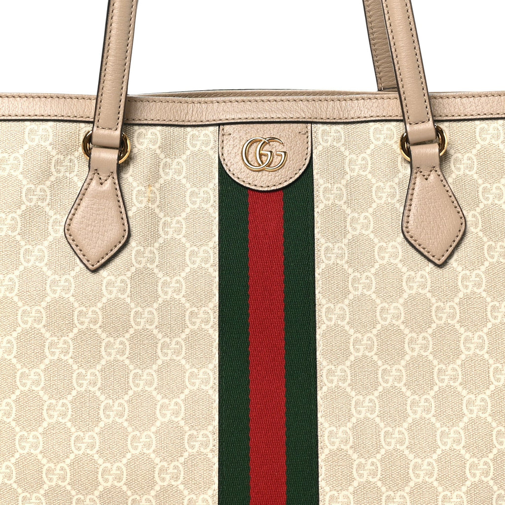 GG Supreme Monogram Textured Dollar Calfskin Web Large Ophidia Shopping Tote Beige Mystic White Oatmeal