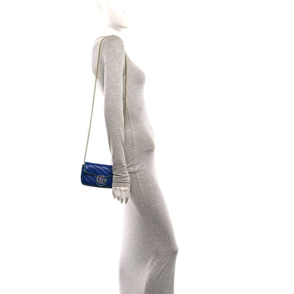 Azalea Calfskin Enamel Matelasse Diagonal Super Mini Torchon GG Marmont Shoulder Bag Imperial Blue Pavone