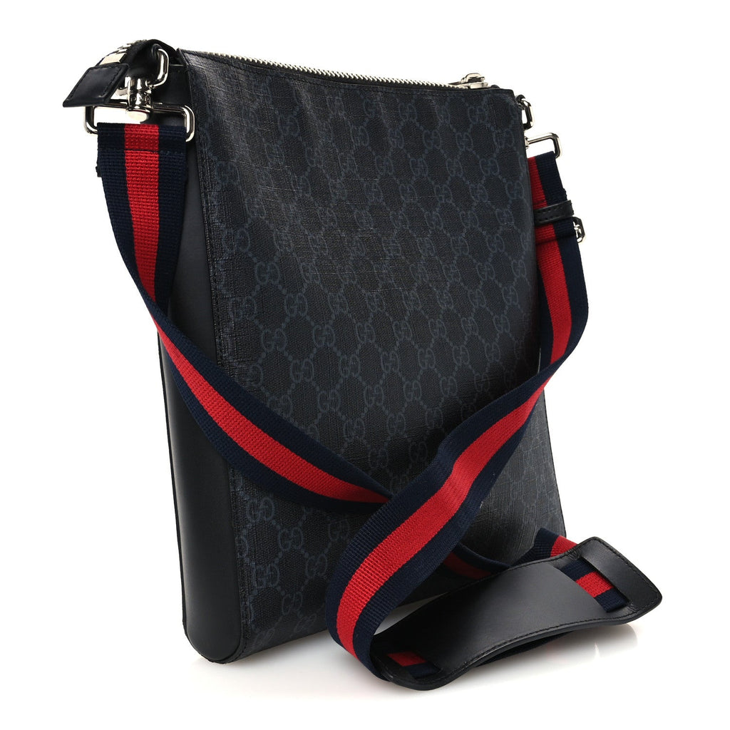 GG Supreme Monogram Appia Calfskin Web Flat Messenger Bag Black Grey