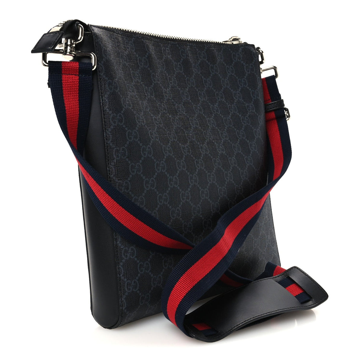 GG Supreme Monogram Appia Calfskin Web Flat Messenger Bag Black Grey