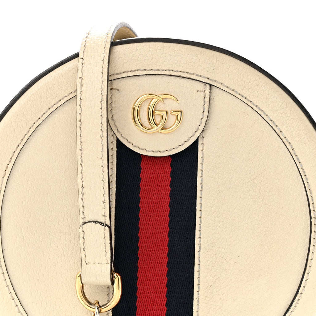 Textured Calfskin Web Mini Ophidia Round Shoulder Bag Mystic White