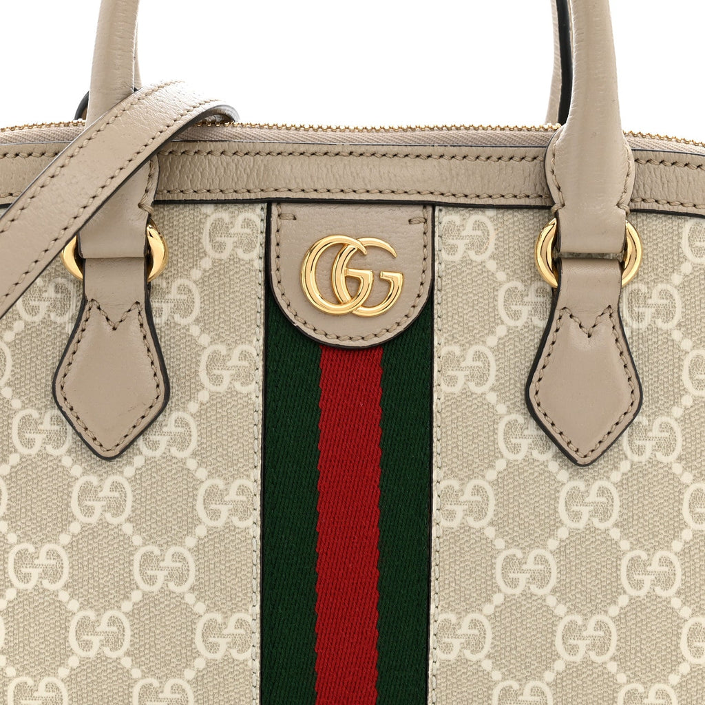 GG Supreme Monogram Textured Dollar Calfskin Web Medium Ophidia Top Handle Bowler Bag Beige Mystic White Oatmeal