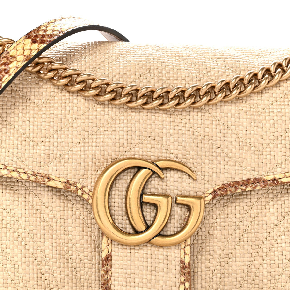 Raffia Elaphe Matelasse Small GG Marmont Shoulder Bag Natural Cream Brown