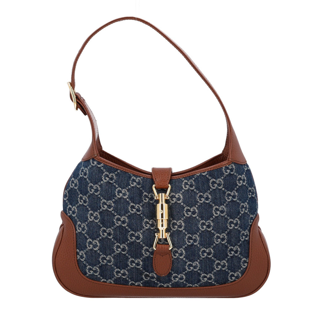 New Denim GG Monogram Calfskin Small Jackie 1961 Hobo Blue Tea Cuir