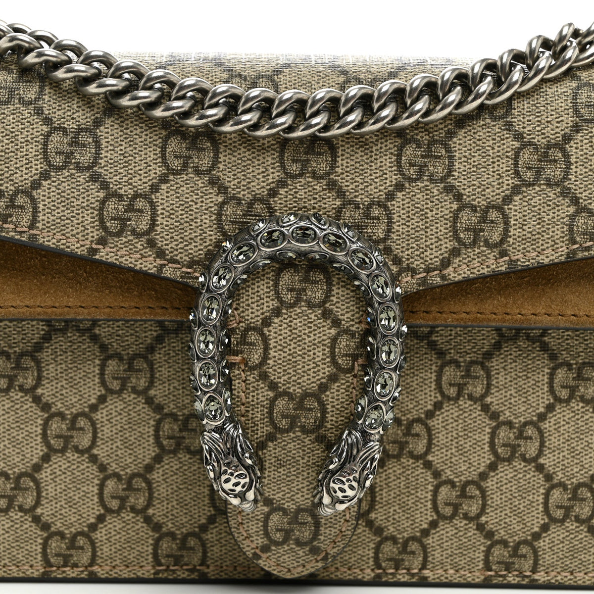 GG Supreme Monogram Suede Crystal Small Dionysus Shoulder Bag Beige Ebony Taupe