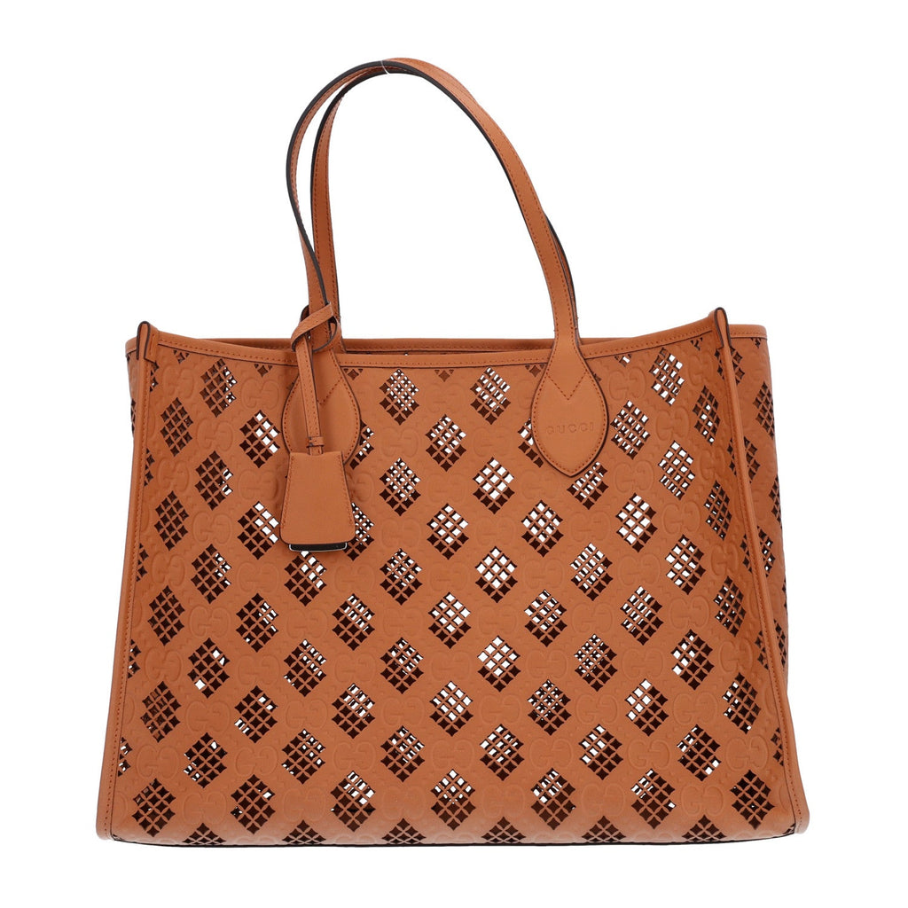 Calfskin GG Monogram Diamond Cut Medium Ophidia Tote Bag Brown