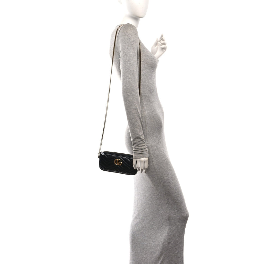 Calfskin Matelasse Mini GG Marmont Chain Crossbody Bag Black