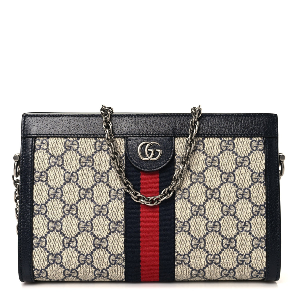 GG Supreme Monogram Textured Dollar Calfskin Web Small Ophidia Chain Shoulder Bag Beige Blue