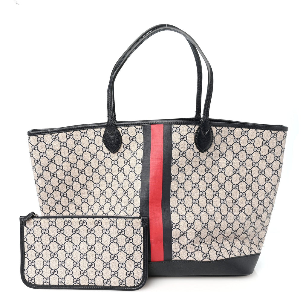 GG Supreme Monogram Textured Dollar Calfskin Web Large Ophidia Tote Beige Blue