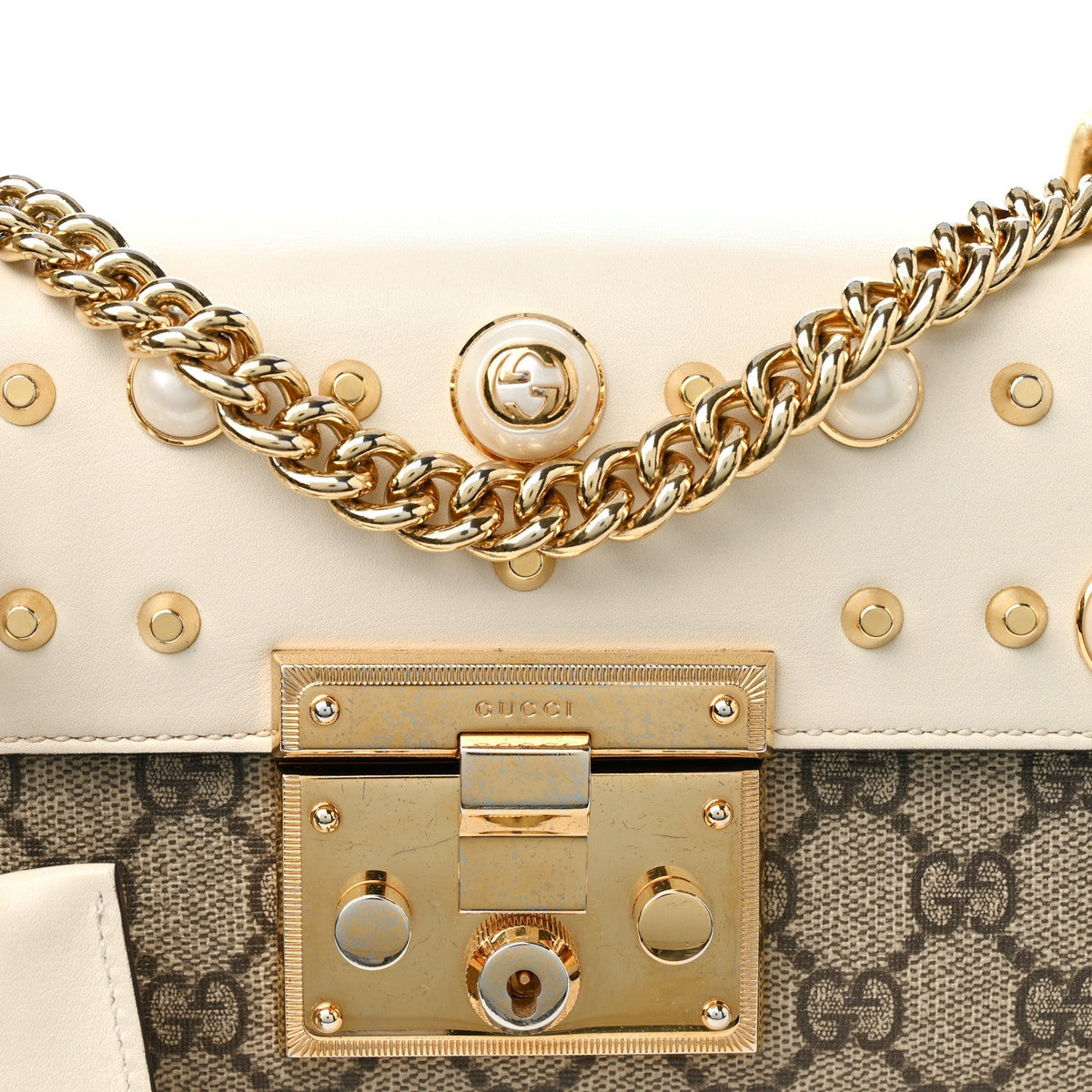 GG Supreme Monogram Studded Small Padlock Shoulder Bag White