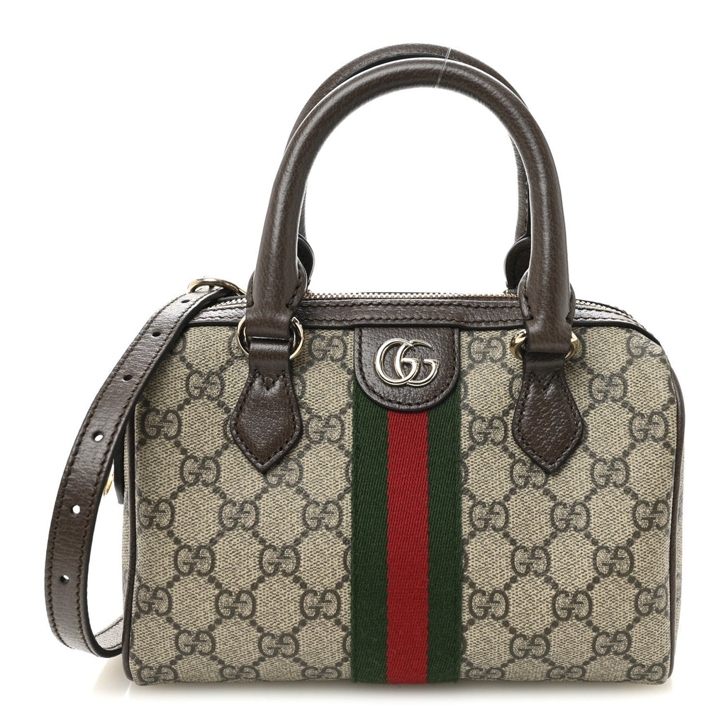 GG Supreme Monogram Textured Dollar Calfskin Web Mini Ophidia Top Handle Bag Beige Ebony New Acero