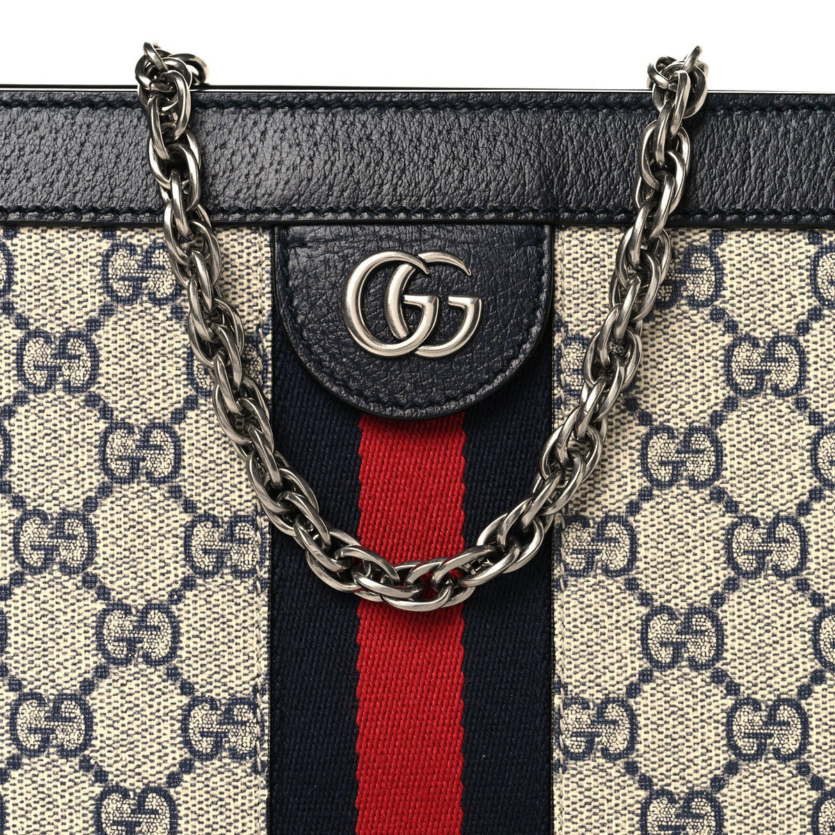GG Supreme Monogram Textured Dollar Calfskin Web Small Ophidia Chain Shoulder Bag Beige Blue