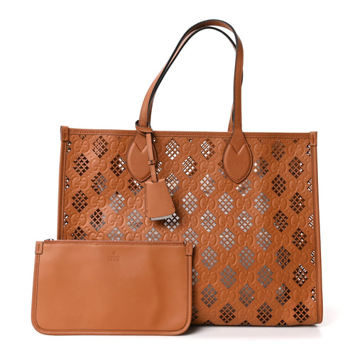 Calfskin GG Monogram Diamond Cut Medium Ophidia Tote Bag Brown
