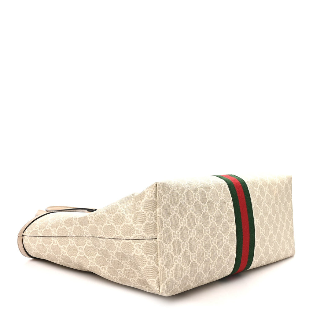 GG Supreme Monogram Textured Dollar Calfskin Web Large Ophidia Shopping Tote Beige Mystic White Oatmeal
