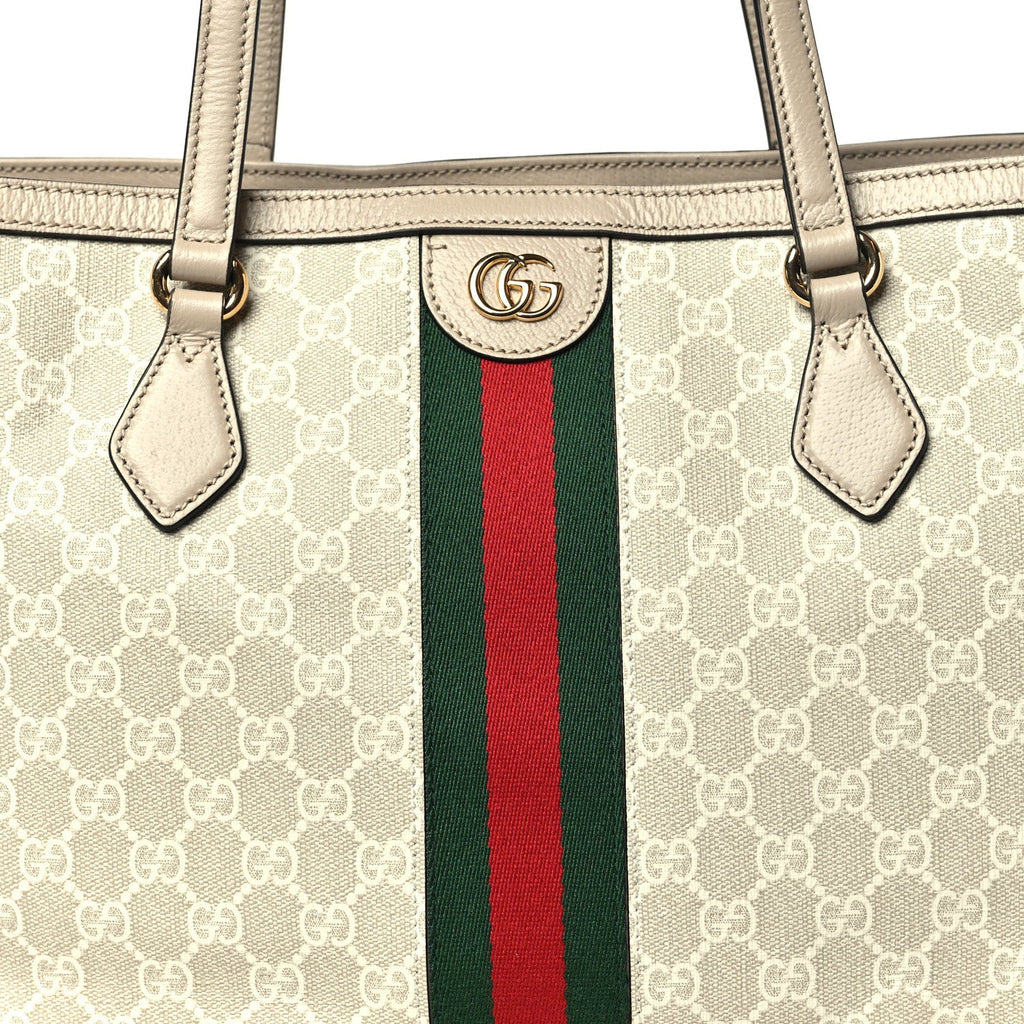 GG Supreme Monogram Textured Dollar Calfskin Web Medium Ophidia Shopping Tote Beige Mystic White Oatmeal