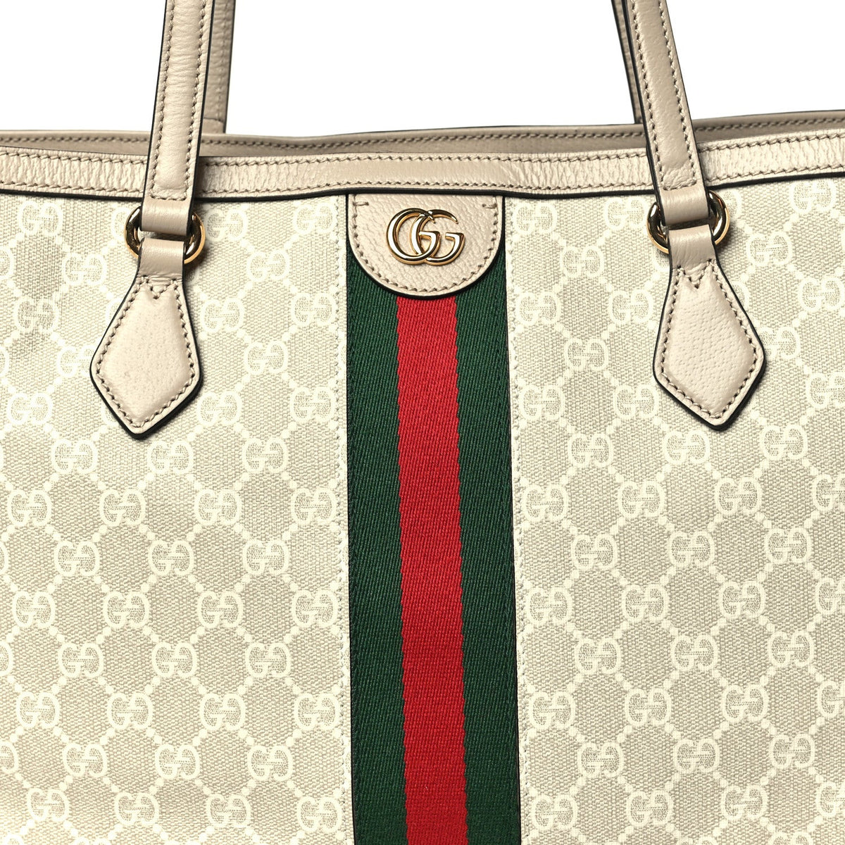 GG Supreme Monogram Textured Dollar Calfskin Web Medium Ophidia Shopping Tote Beige Mystic White Oatmeal