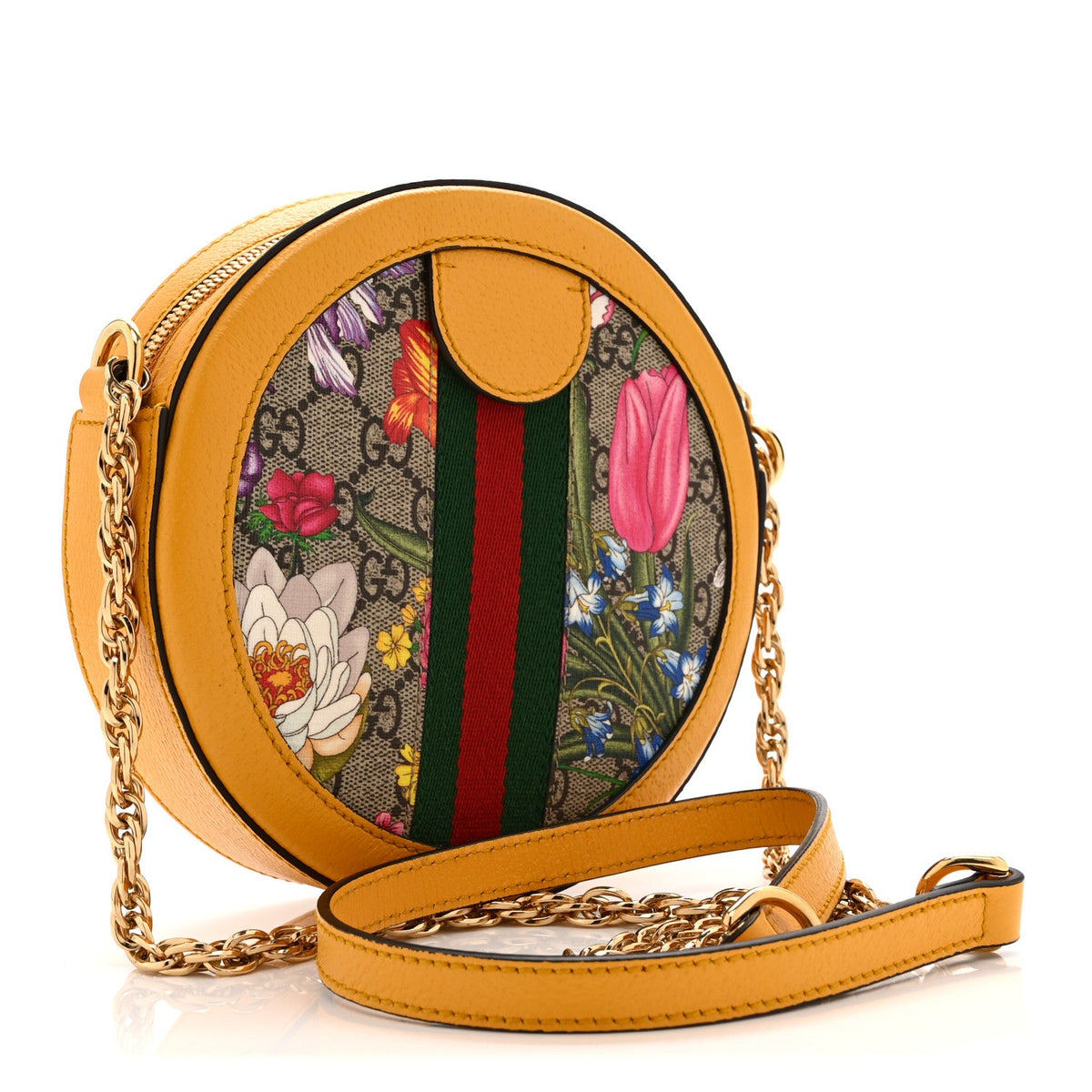 GG Supreme Monogram Flora Web Mini Ophidia Round Shoulder Bag Beige Multicolor Crop