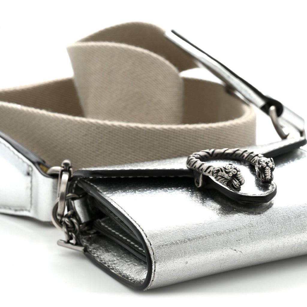 Metallic Calfskin Super Mini Dionysus Wallet with Strap Silver
