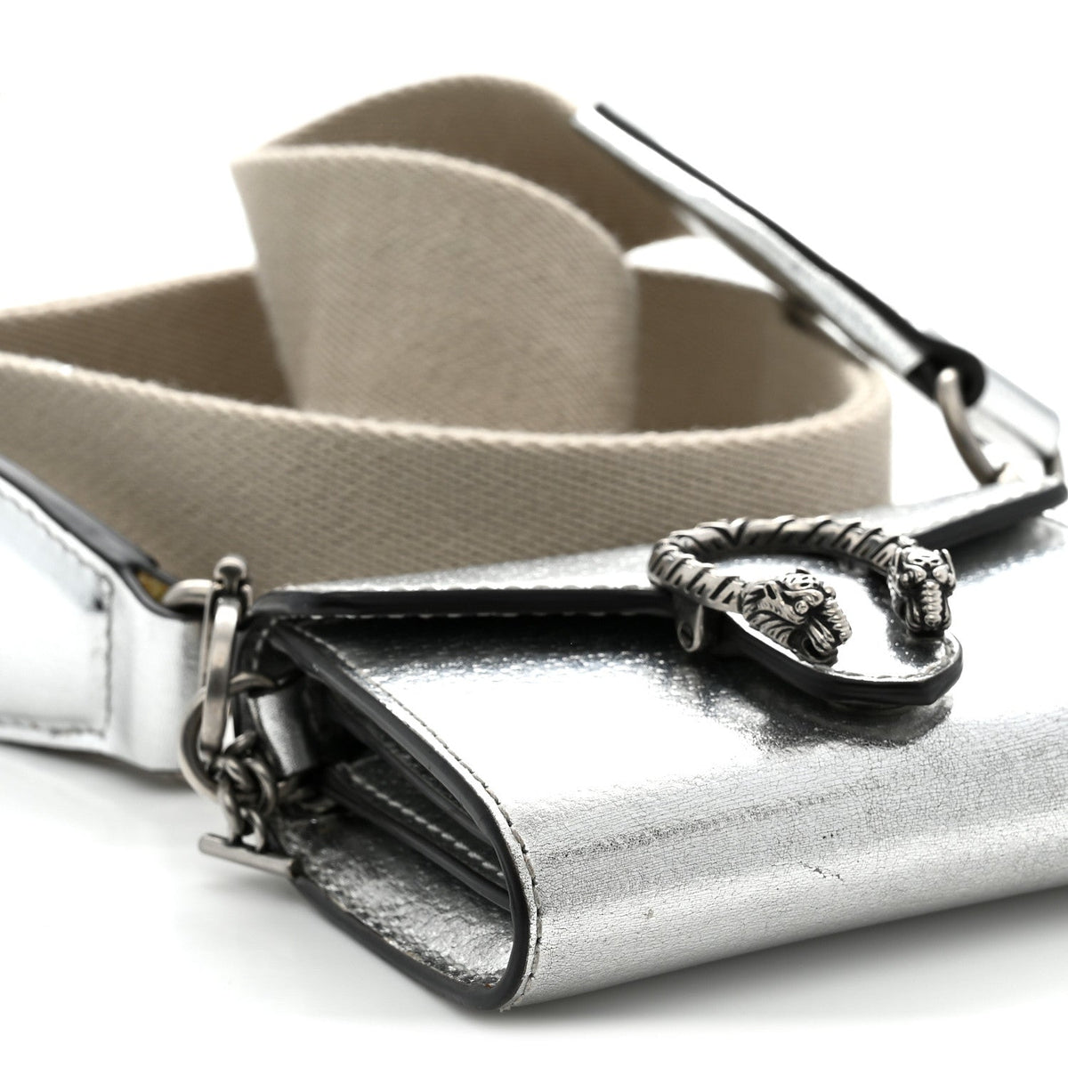 Metallic Calfskin Super Mini Dionysus Wallet with Strap Silver