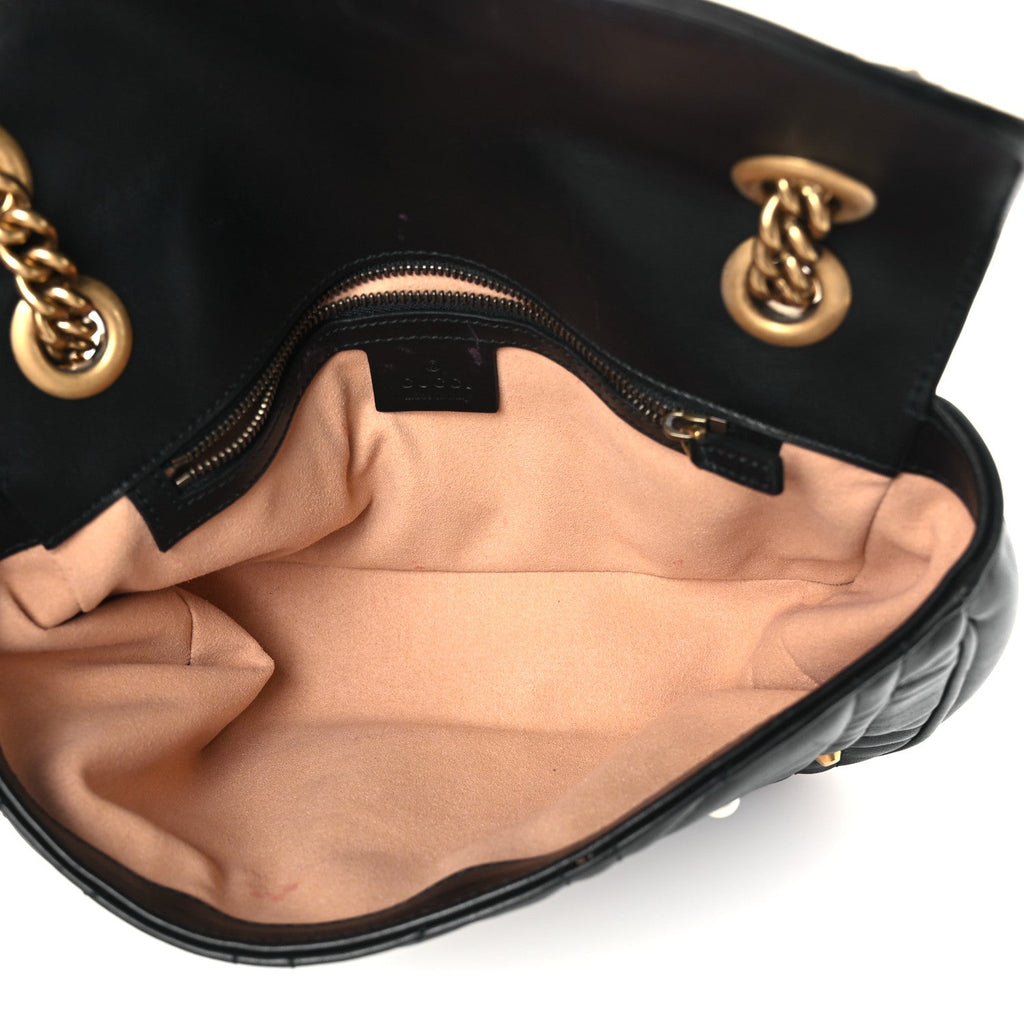 Calfskin Matelasse Studded Small Pearly GG Marmont Shoulder Bag Black