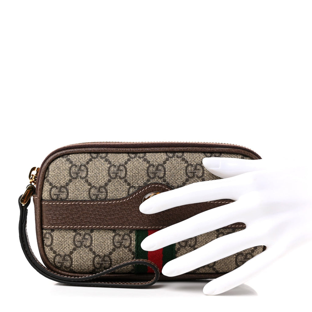 GG Supreme Monogram Ophidia Phone Case Wristlet Brown