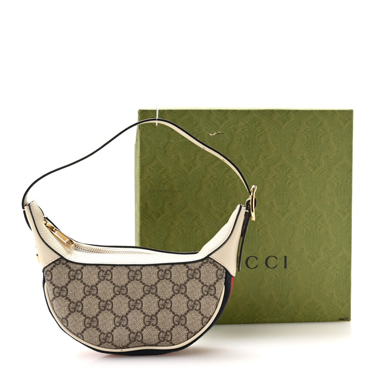 GG Supreme Monogram Textured Dollar Calfskin Web Mini Ophidia Half Moon Hobo Beige Ebony Mystic White