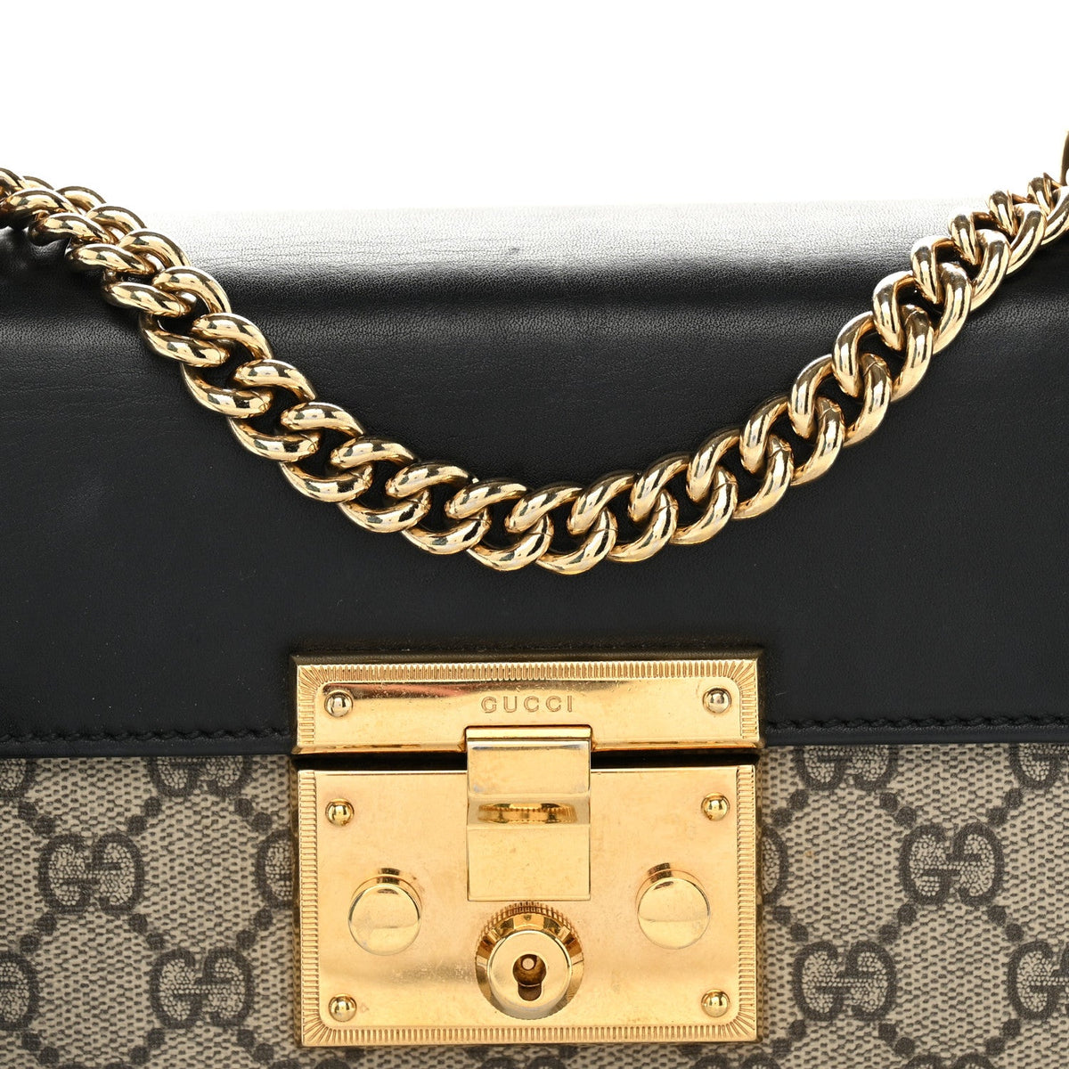 GG Supreme Monogram Calfskin Small Padlock Shoulder Bag Beige Black Cuir