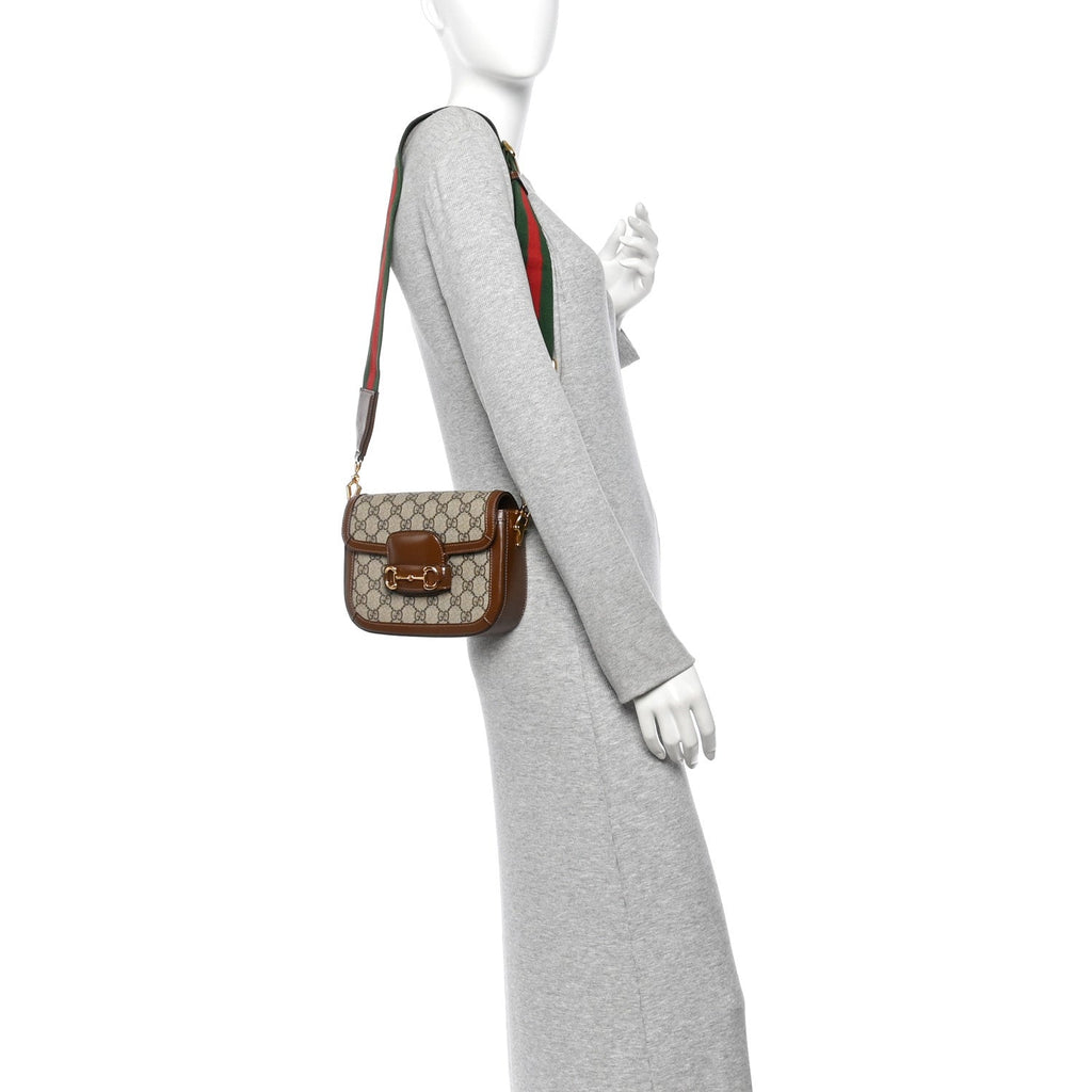 GG Supreme Monogram Web Mini Horsebit 1955 Shoulder Bag Beige Brown Sugar