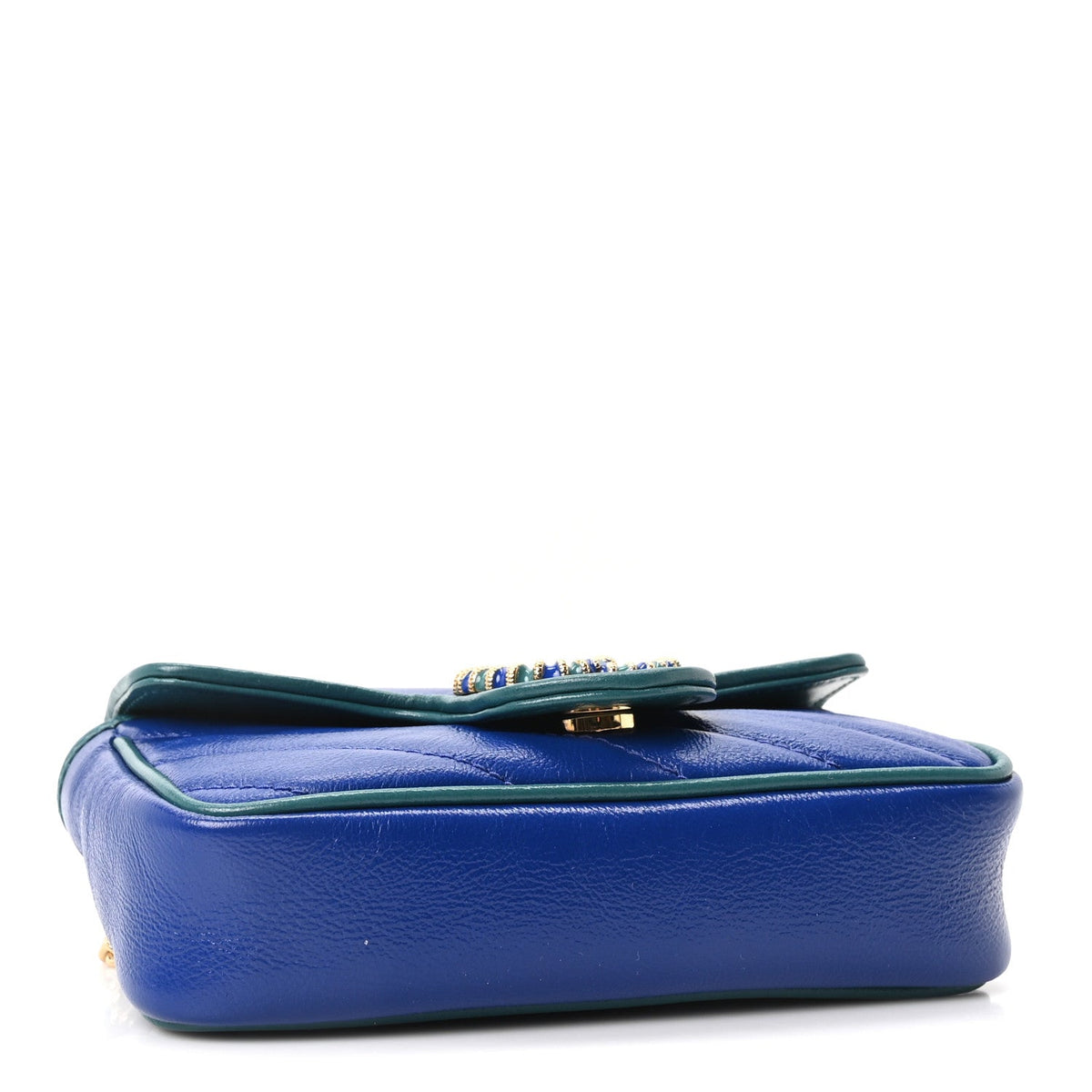 Azalea Calfskin Enamel Matelasse Diagonal Super Mini Torchon GG Marmont Shoulder Bag Imperial Blue Pavone