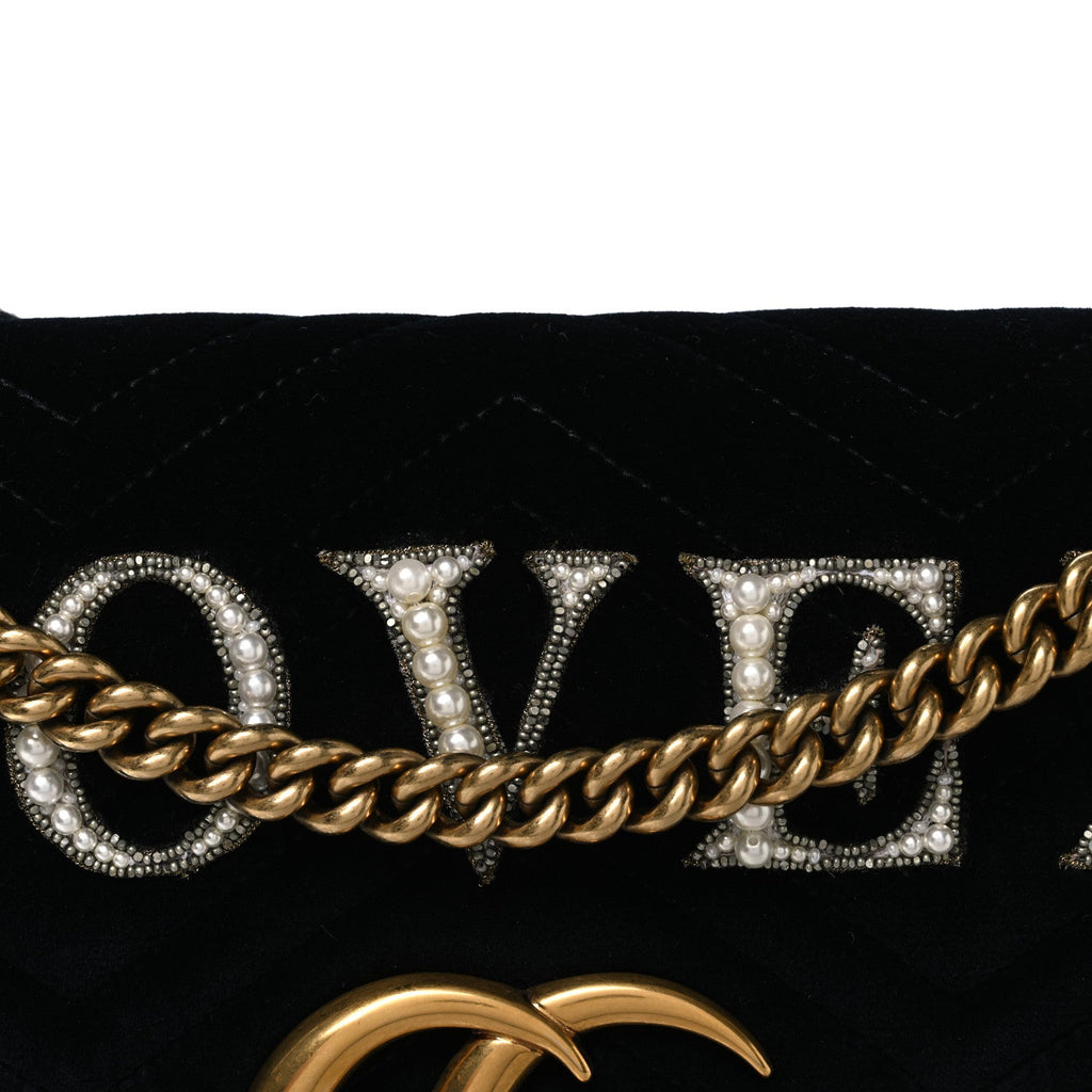 Velvet Matelasse Loved Embroidered Medium GG Marmont Shoulder Bag Black