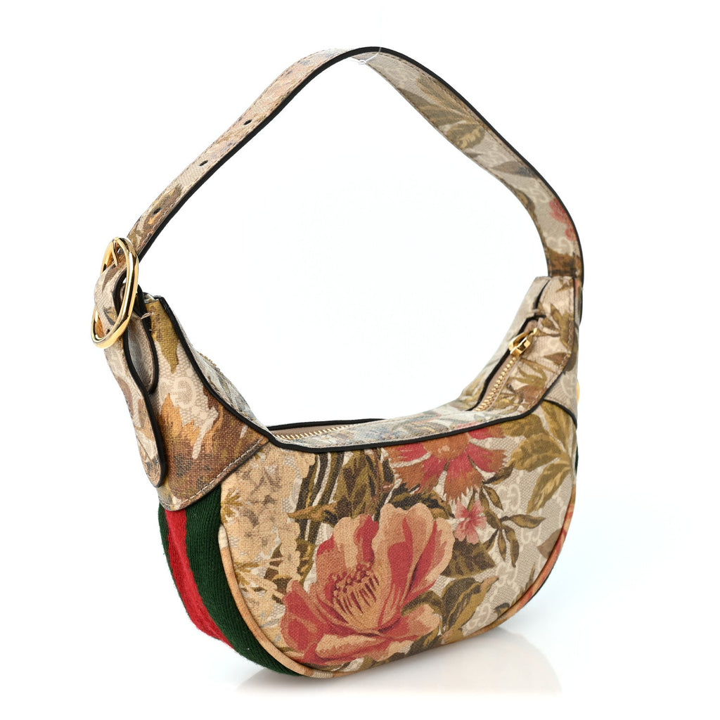 GG Supreme Monogram Water Flora Web Mini Ophidia Half Moon Hobo Beige White Multicolor