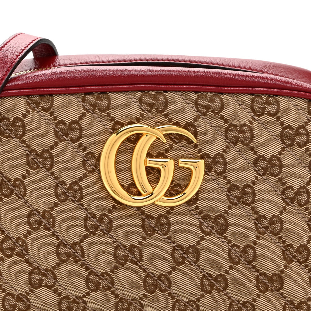 Monogram Azalea Calfskin Matelasse Diagonal Small GG Marmont Chain Shoulder Bag Beige Ebony New Cherry Red