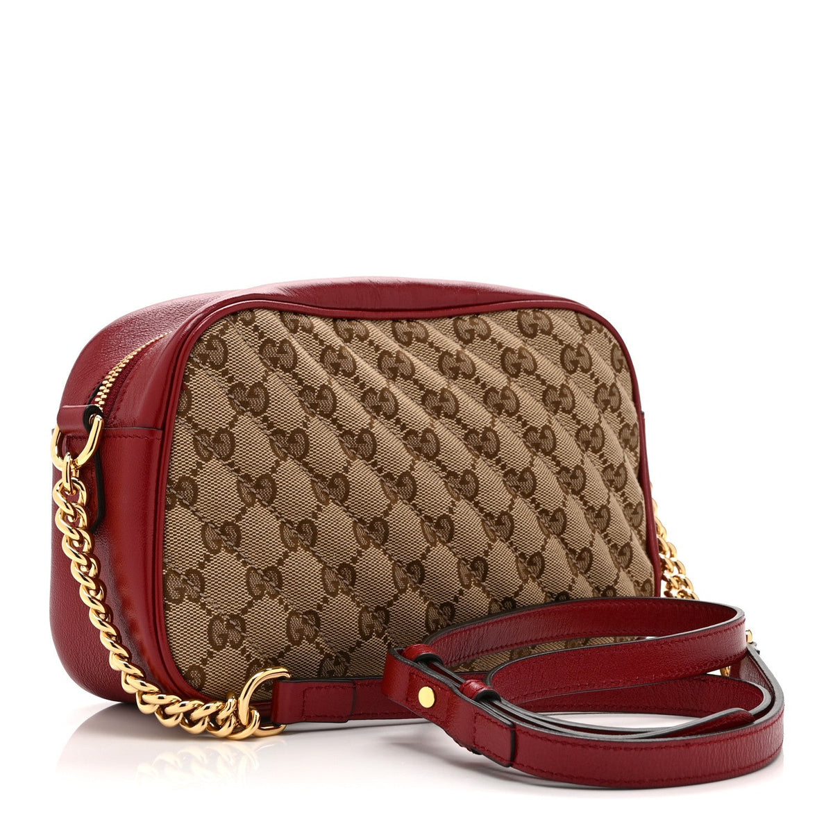 Monogram Azalea Calfskin Matelasse Diagonal Small GG Marmont Chain Shoulder Bag Beige Ebony New Cherry Red