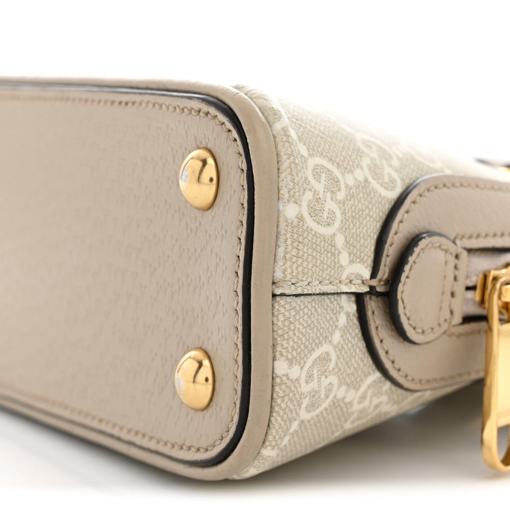 GG Supreme Monogram Textured Dollar Calfskin Web Medium Ophidia Top Handle Bowler Bag Beige Mystic White Oatmeal