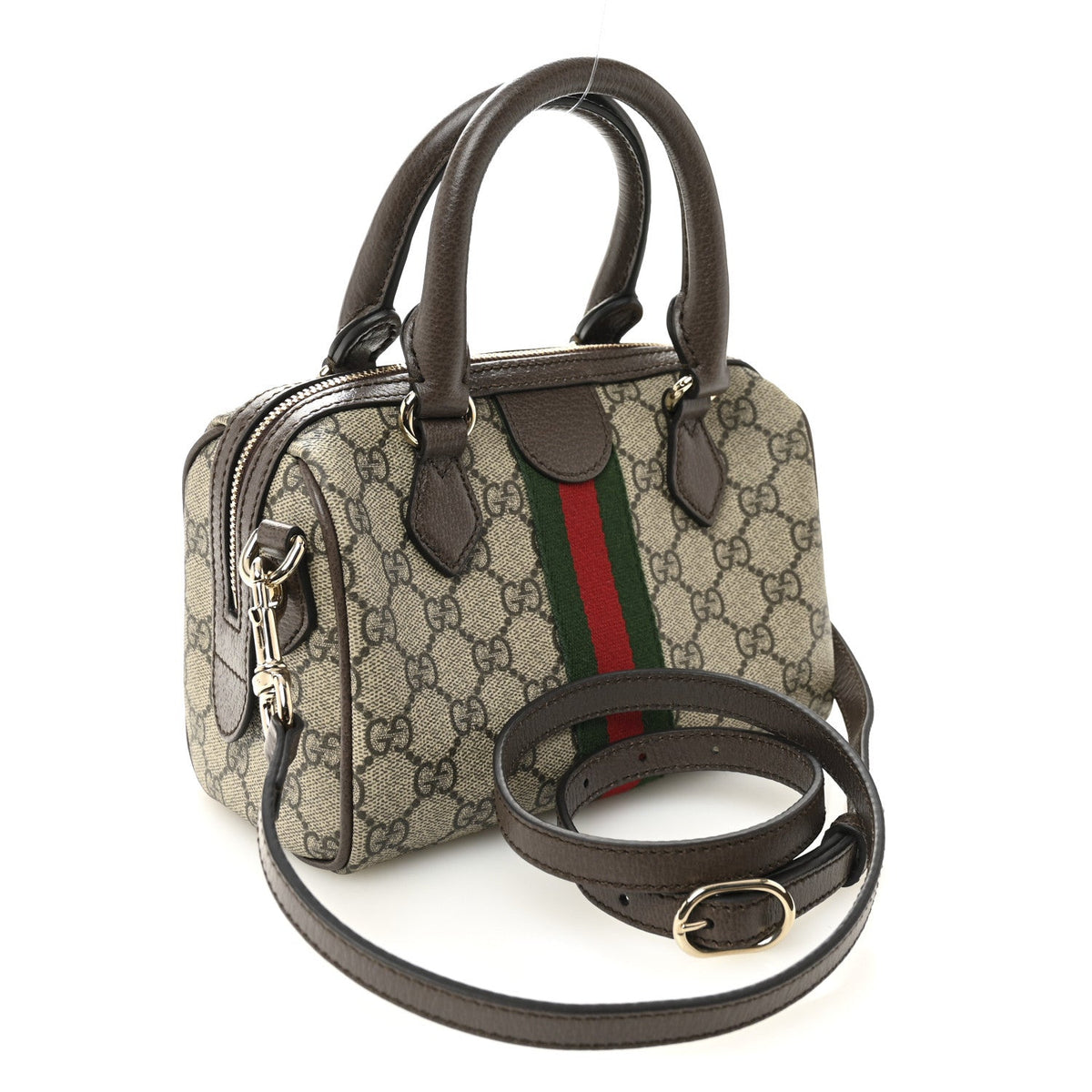 GG Supreme Monogram Textured Dollar Calfskin Web Mini Ophidia Top Handle Bag Beige Ebony New Acero