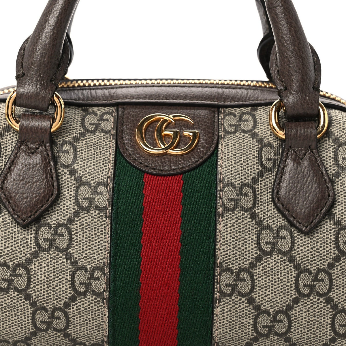 GG Supreme Monogram Textured Dollar Calfskin Web Super Mini Ophidia Top Handle Bowler Bag Beige Ebony New Acero